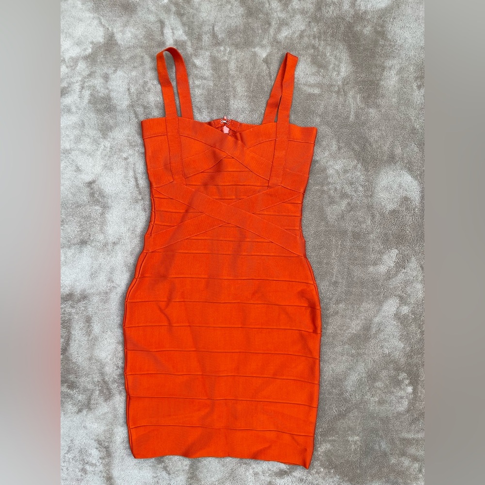 Bright orange bodycon midi dress, size XS
